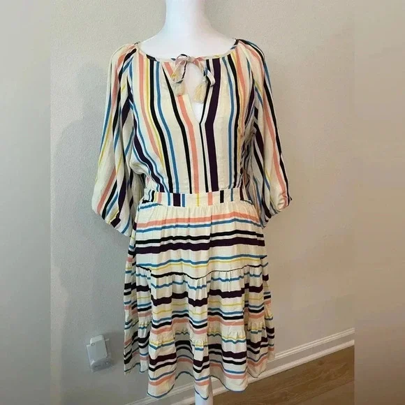 LOST + WANDER REVOLVE CORY Cream Blue STRIPED Boho MINI DRESS - Picture 6 of 16